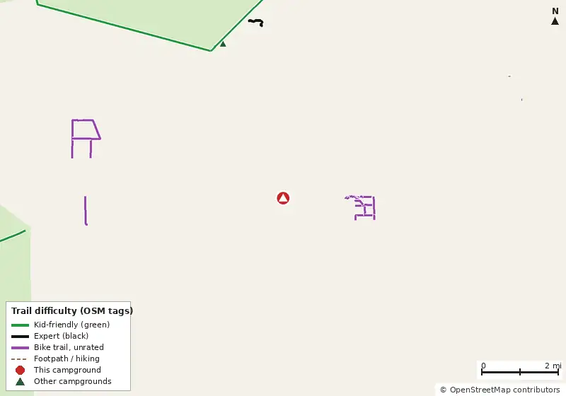 Map of roads, water and trails within about 5 miles of Davie/Fort Lauderdale KOA Holiday, with bike trails colored by their OpenStreetMap difficulty tags