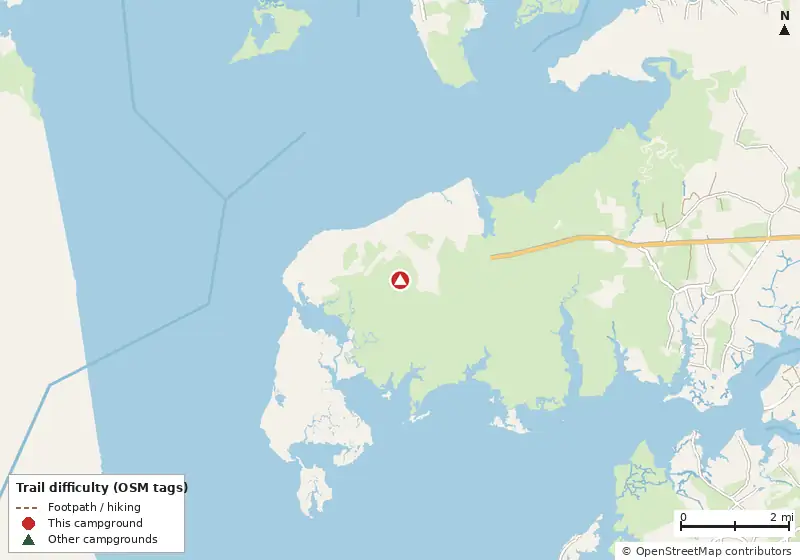 Map of roads, water and trails within about 5 miles of Deal Island Primitive Campsite