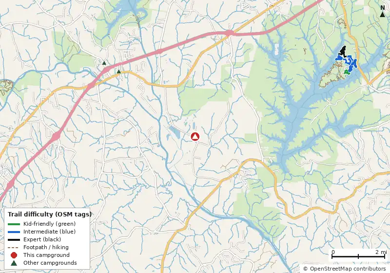 Map of roads, water and trails within about 5 miles of Dickens RV Park, with bike trails colored by their OpenStreetMap difficulty tags
