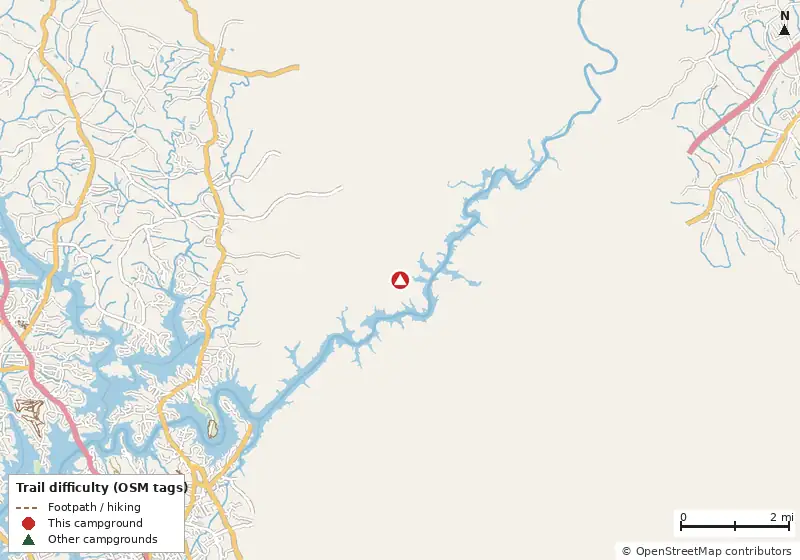 Map of roads, water and trails within about 5 miles of Don Carter State Park Campground