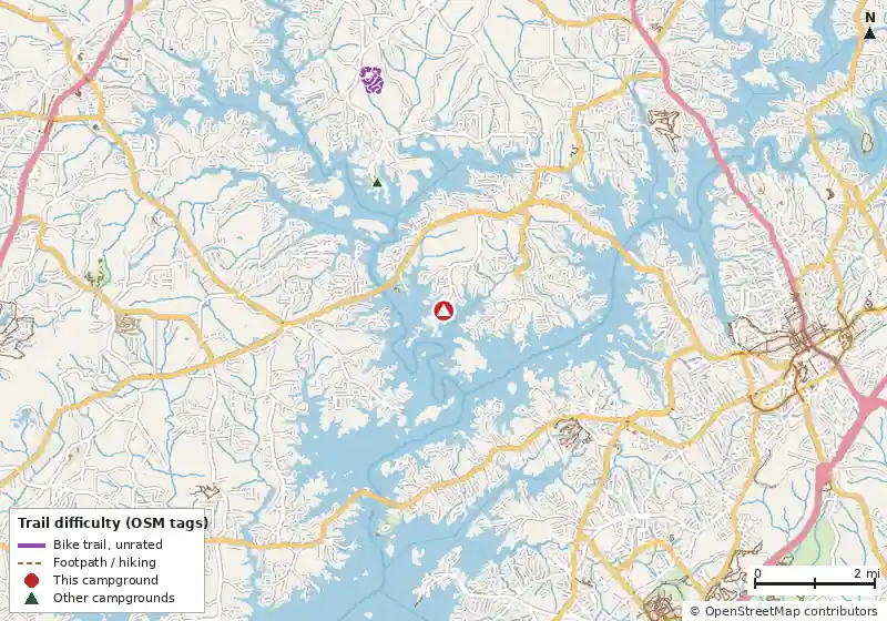 Map of roads, water and trails within about 5 miles of Duckett Mill, with bike trails colored by their OpenStreetMap difficulty tags