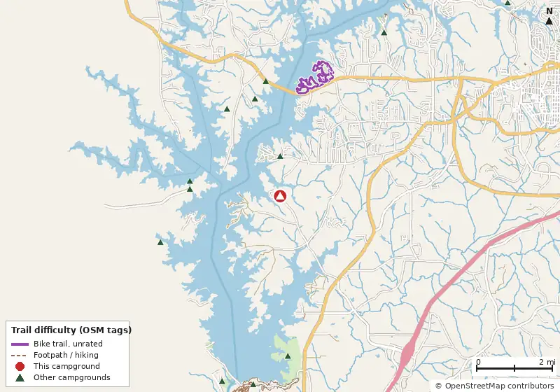 Map of roads, water and trails within about 5 miles of Earl Cook Recreation Area, with bike trails colored by their OpenStreetMap difficulty tags