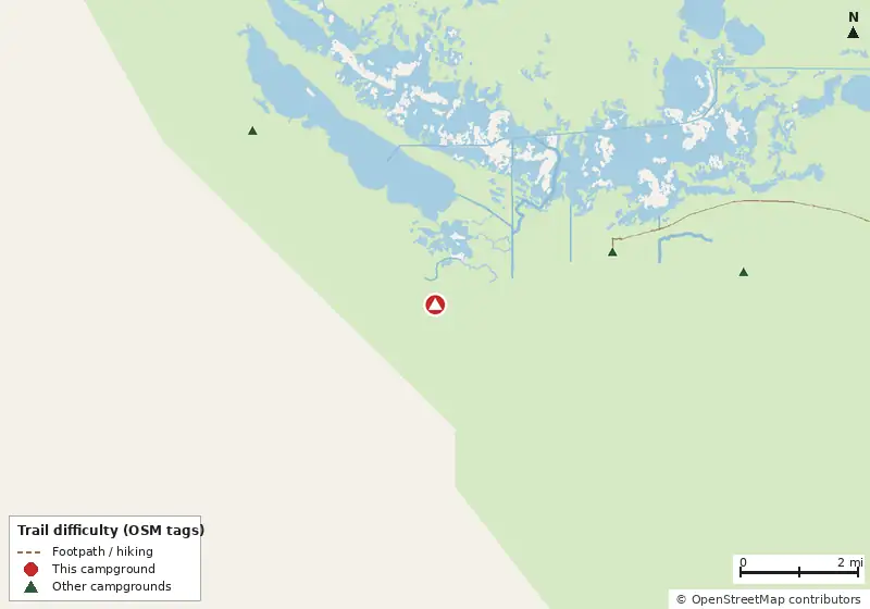 Map of roads, water and trails within about 5 miles of East Beach Campsite