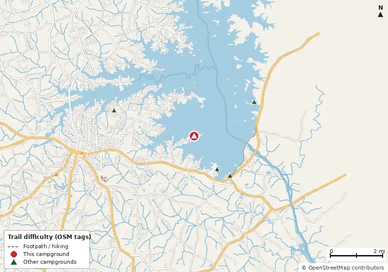 Map of roads, water and trails within about 5 miles of Elrod Ferry