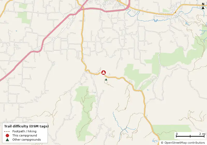 Map of roads, water and trails within about 5 miles of Evans Campground