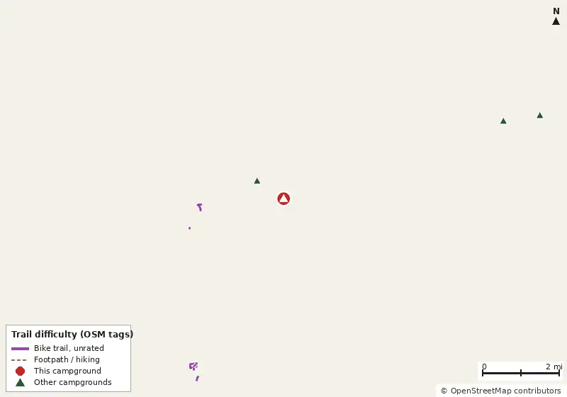 Map of roads, water and trails within about 5 miles of F.D. Roosevelt State Park Campground, with bike trails colored by their OpenStreetMap difficulty tags