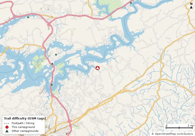Map of roads, water and trails within about 5 miles of Fall Creek Campground