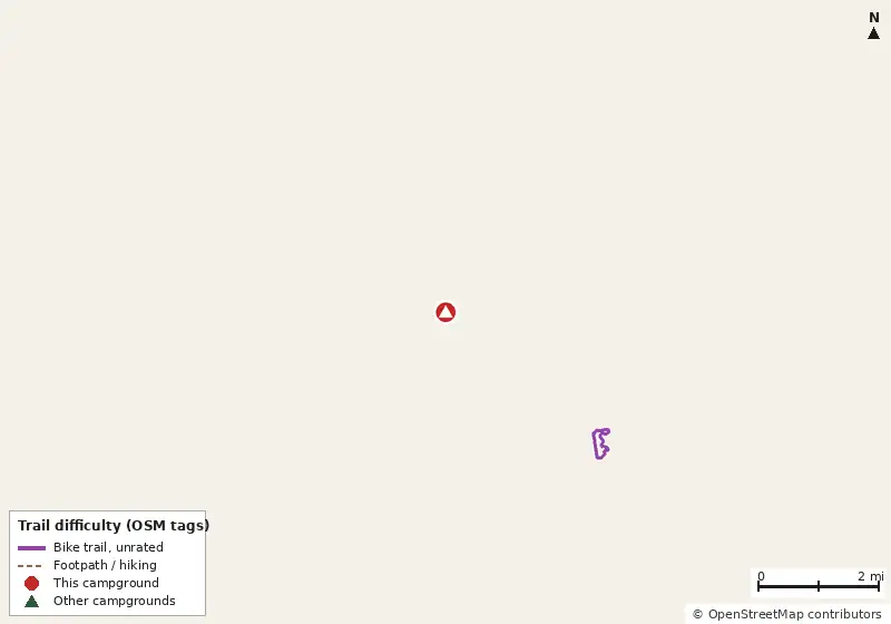 Map of roads, water and trails within about 5 miles of Faver-Dykes State Park Campground, with bike trails colored by their OpenStreetMap difficulty tags