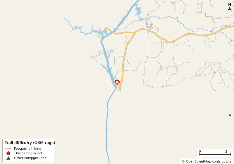 Map of roads, water and trails within about 5 miles of Florence Marina State Park Campground
