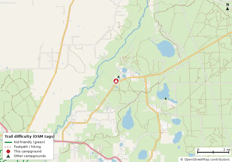 Map of roads, water and trails within about 5 miles of Fore Lake Campground, with bike trails colored by their OpenStreetMap difficulty tags