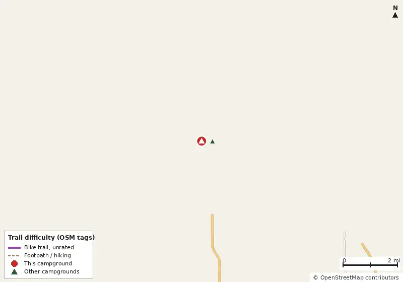 Map of roads, water and trails within about 5 miles of Fort Hart Treehouses, with bike trails colored by their OpenStreetMap difficulty tags