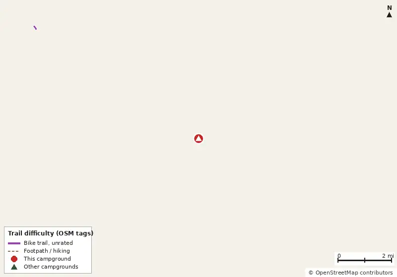 Map of roads, water and trails within about 5 miles of Fort McAllister State Park Campground, with bike trails colored by their OpenStreetMap difficulty tags