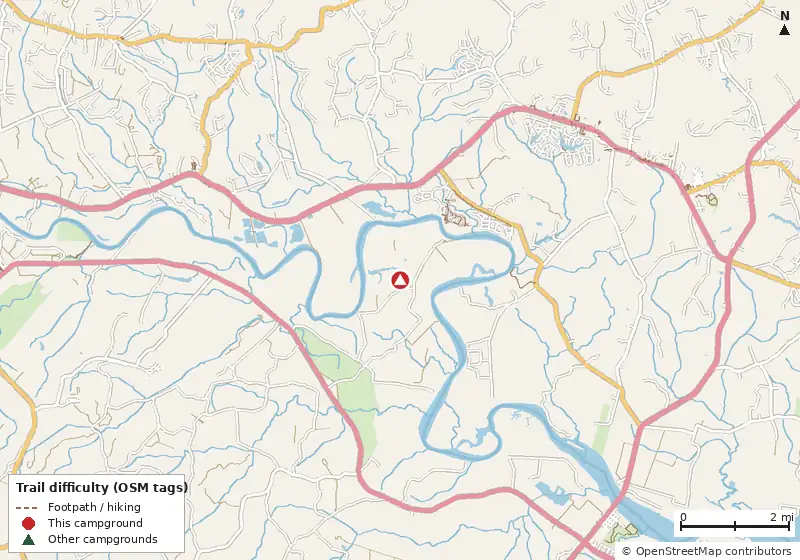 Map of roads, water and trails within about 5 miles of Four Winds Campground