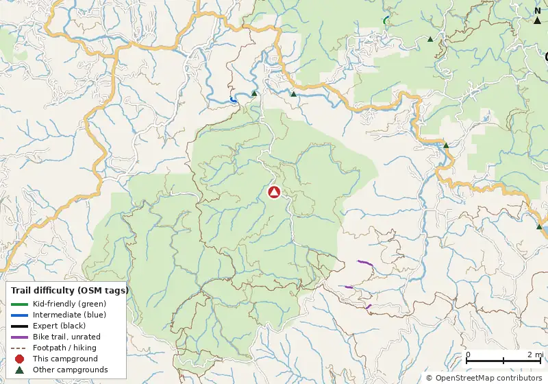 Map of roads, water and trails within about 5 miles of Frank Gross Campground, with bike trails colored by their OpenStreetMap difficulty tags
