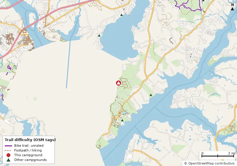 Map of roads, water and trails within about 5 miles of Frontier, with bike trails colored by their OpenStreetMap difficulty tags