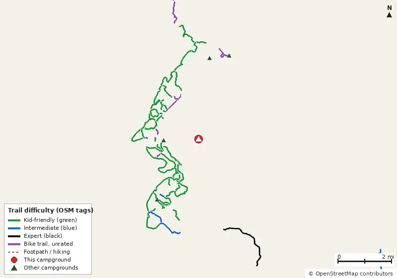 Map of roads, water and trails within about 5 miles of Gladesville Campground, with bike trails colored by their OpenStreetMap difficulty tags