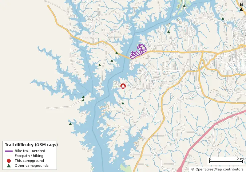 Map of roads, water and trails within about 5 miles of Glass Bridge Park, with bike trails colored by their OpenStreetMap difficulty tags