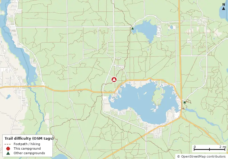 Map of roads, water and trails within about 5 miles of Grassy pond
