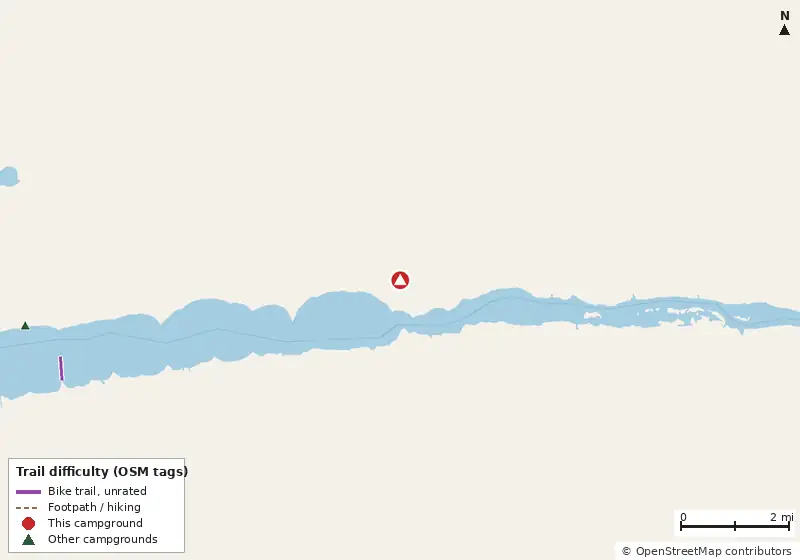 Map of roads, water and trails within about 5 miles of Grater RV Hideaway Cove, with bike trails colored by their OpenStreetMap difficulty tags