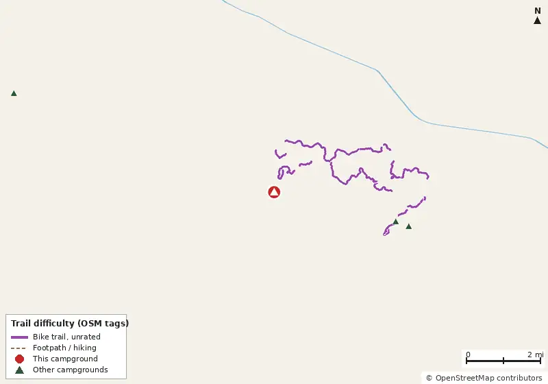 Map of roads, water and trails within about 5 miles of Grayton Beach State Park Campground, with bike trails colored by their OpenStreetMap difficulty tags