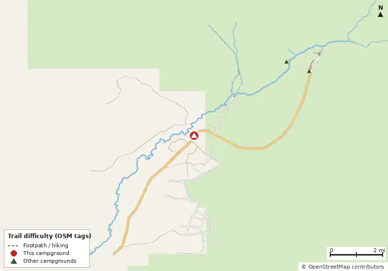 Map of roads, water and trails within about 5 miles of Griffis Camp