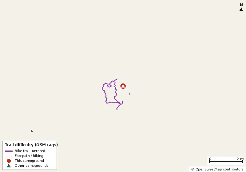 Map of roads, water and trails within about 5 miles of Group camp area, with bike trails colored by their OpenStreetMap difficulty tags