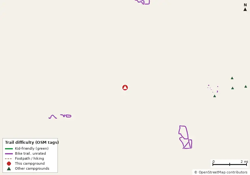 Map of roads, water and trails within about 5 miles of Group Campsite A, with bike trails colored by their OpenStreetMap difficulty tags