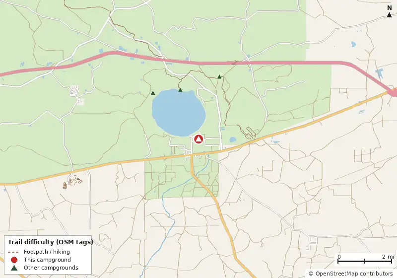 Map of roads, water and trails within about 5 miles of Group Landing