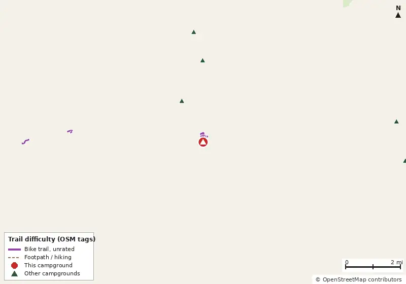 Map of roads, water and trails within about 5 miles of Gulf View Colony, with bike trails colored by their OpenStreetMap difficulty tags