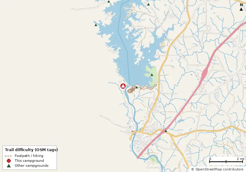 Map of roads, water and trails within about 5 miles of Hardley Creek Park