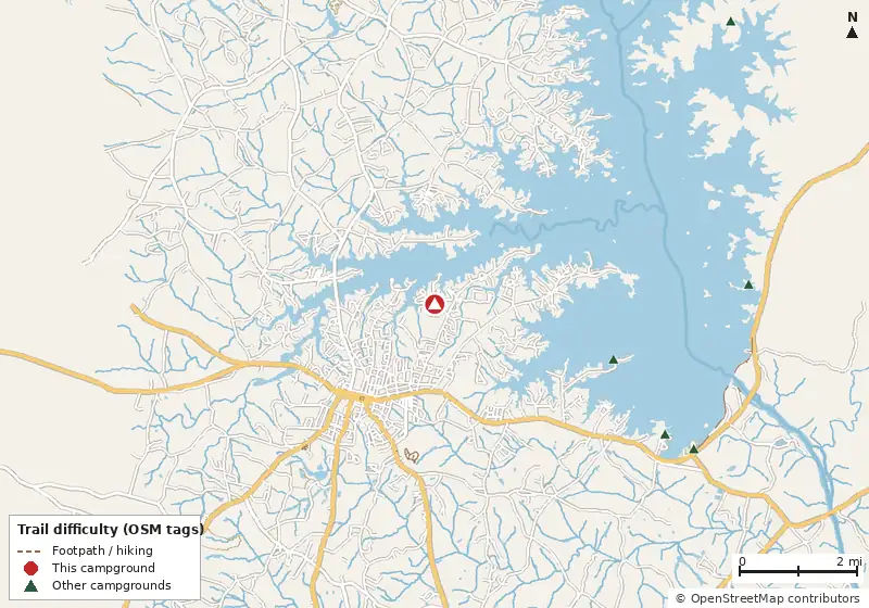 Map of roads, water and trails within about 5 miles of Hartwell Lakeside Park Campground