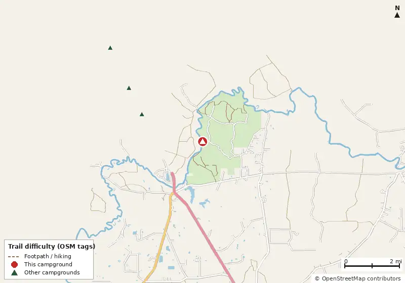Map of roads, water and trails within about 5 miles of Hawkins Shop