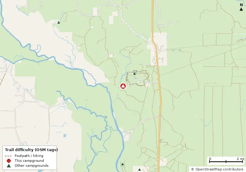Map of roads, water and trails within about 5 miles of Hickory Landing Campground