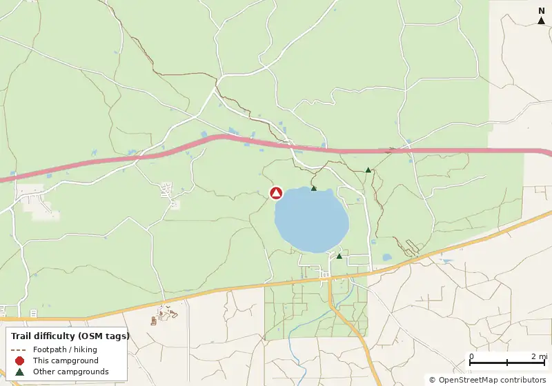 Map of roads, water and trails within about 5 miles of Hog Pen Landing