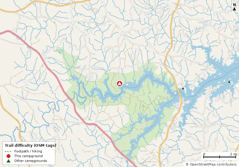 Map of roads, water and trails within about 5 miles of Holliday Park Campground