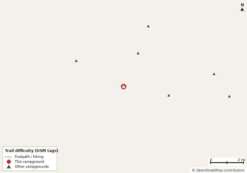 Map of roads, water and trails within about 5 miles of Honore Campsite