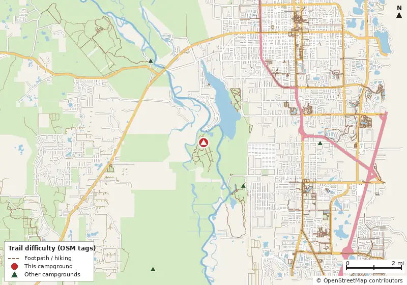 Map of roads, water and trails within about 5 miles of Hontoon Island State Park Campground