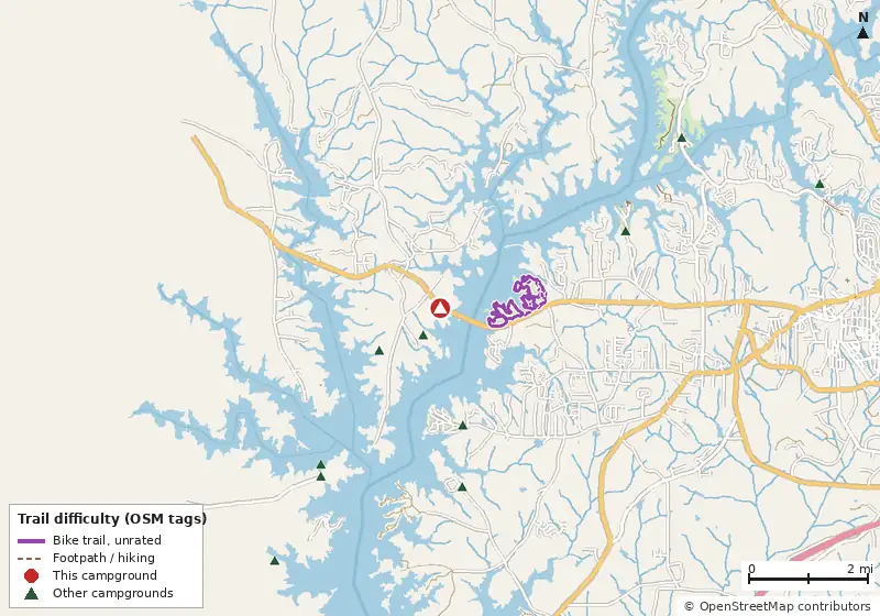 Map of roads, water and trails within about 5 miles of Horace King Park, with bike trails colored by their OpenStreetMap difficulty tags