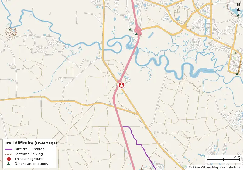 Map of roads, water and trails within about 5 miles of Horne Lake RV Park, with bike trails colored by their OpenStreetMap difficulty tags