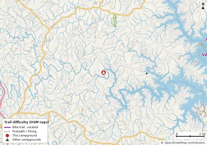 Map of roads, water and trails within about 5 miles of Horseshoe Bend Campground, with bike trails colored by their OpenStreetMap difficulty tags