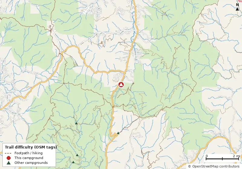 Map of roads, water and trails within about 5 miles of Indian Grave Gap Road Dispersed Campsite 1