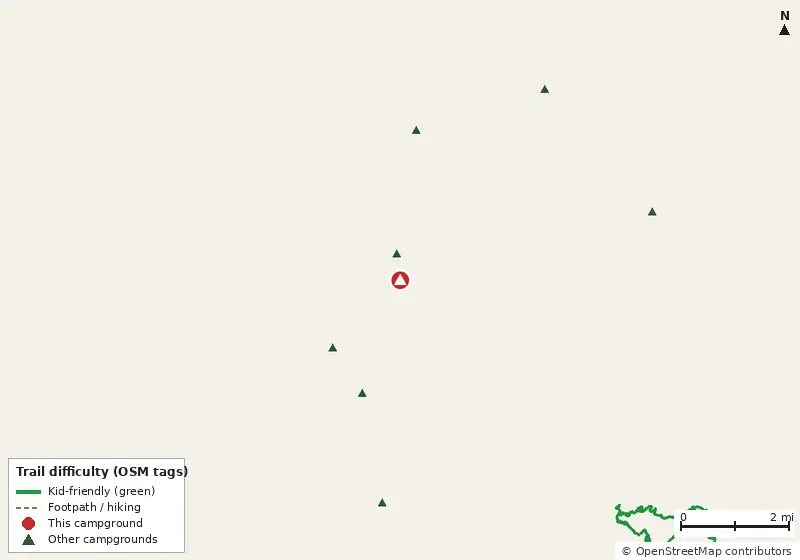 Map of roads, water and trails within about 5 miles of Ja Mar South, with bike trails colored by their OpenStreetMap difficulty tags