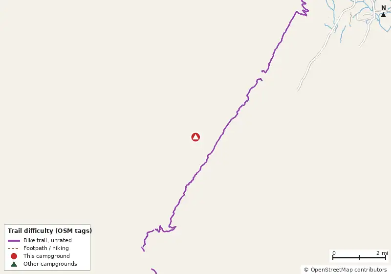 Map of roads, water and trails within about 5 miles of James H. "Sloppy" Floyd State Park Campground, with bike trails colored by their OpenStreetMap difficulty tags