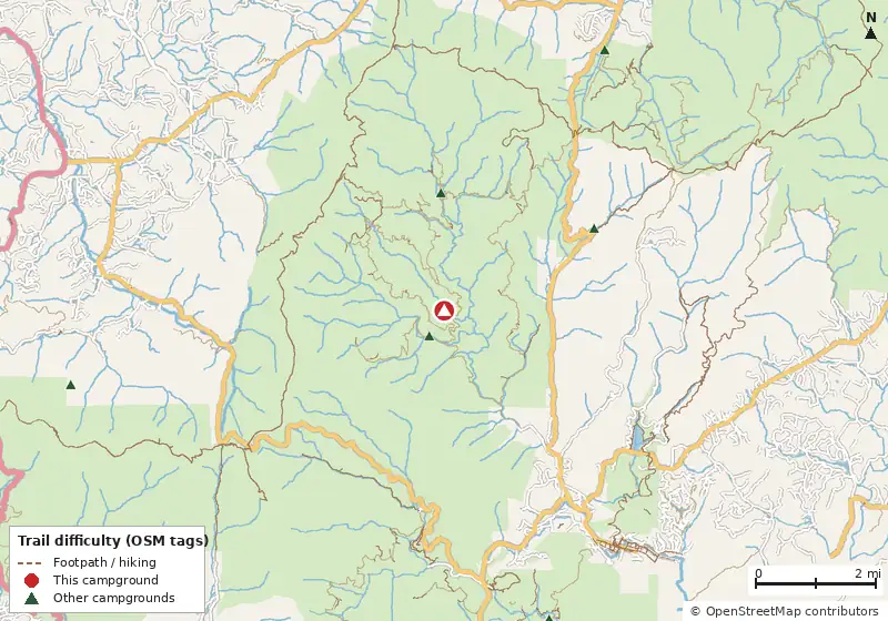 Map of roads, water and trails within about 5 miles of Jasus Creek Campground