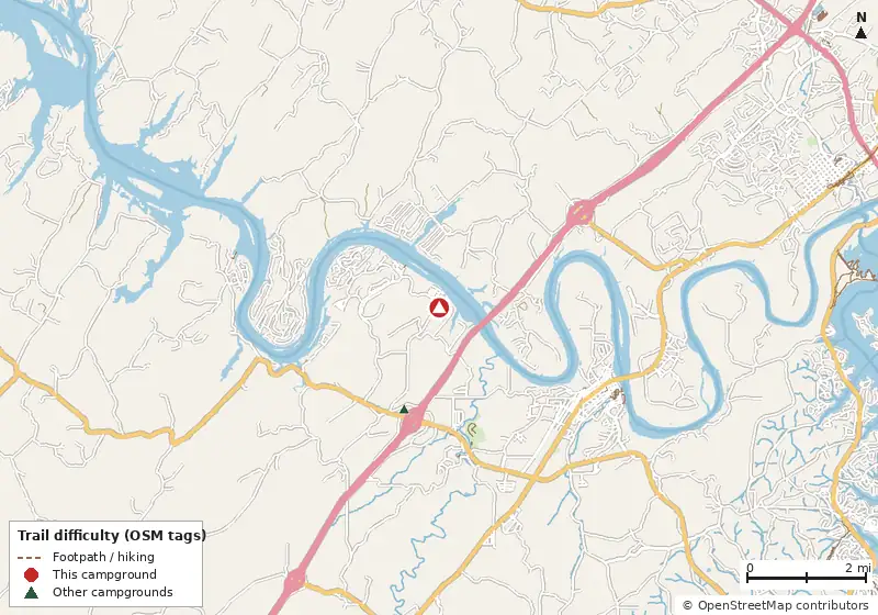 Map of roads, water and trails within about 5 miles of Jellystone Park - Watts Bar Lake