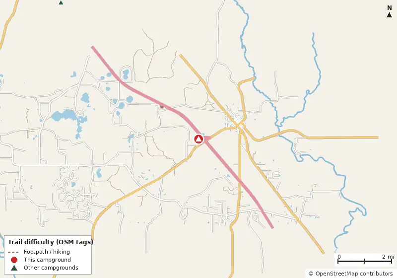 Map of roads, water and trails within about 5 miles of Jennings KOA Holiday