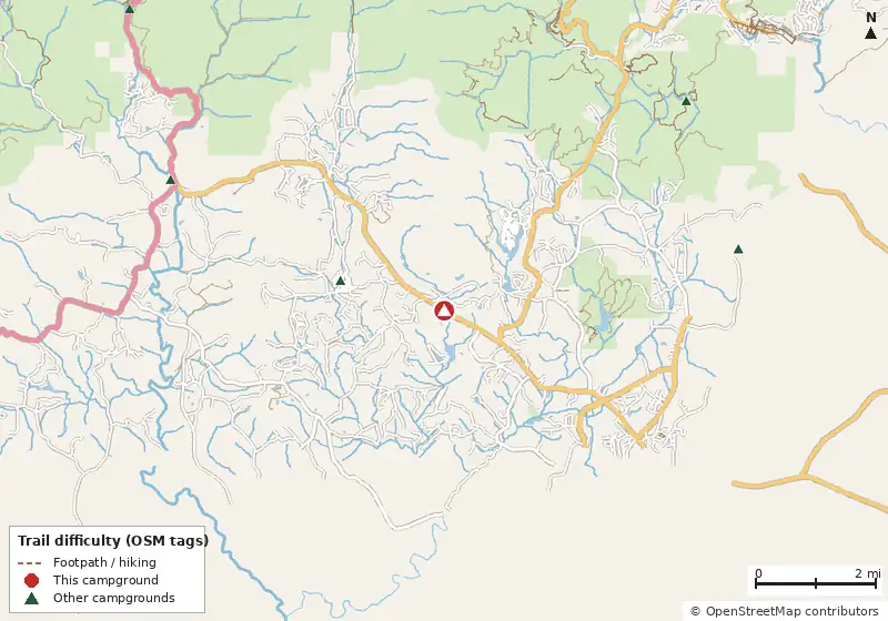 Map of roads, water and trails within about 5 miles of Jenny's Creek Campground
