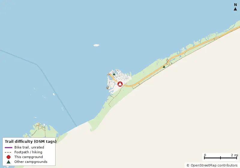 Map of roads, water and trails within about 5 miles of Jerniman's Campground, with bike trails colored by their OpenStreetMap difficulty tags