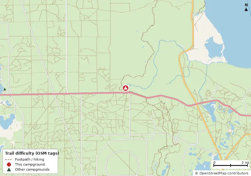 Map of roads, water and trails within about 5 miles of Juniper Springs Rec Area