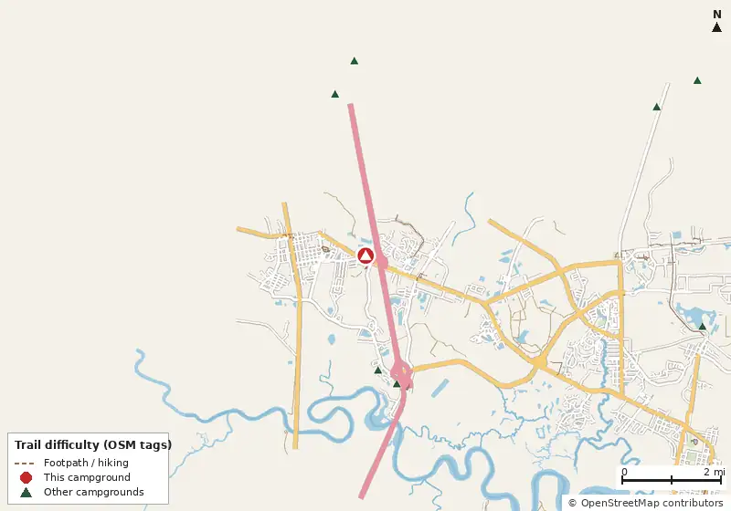 Map of roads, water and trails within about 5 miles of Kiki RV Park